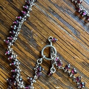 Silver Chain Necklace with Deep Pink garnet  Beads and pearls